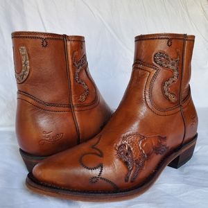Frye Tan Leather Embossed Buffalo Western Ankle Boots